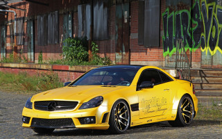 Yellow mercedes slk graffiti building - free cars wallpaper