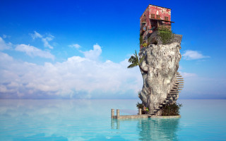 Cliffside house stairs ocean digital - stair free wallpaper
