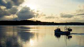 Sunset boat water clouds cityscape - anamorphic free wallpaper for desktop