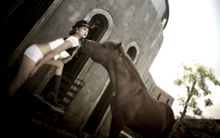 Woman white dress feeding horse - chen chun free wallpaper