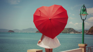 Woman red umbrella lake mountains - a red umbrella free wallpaper