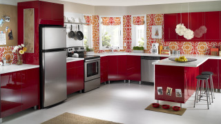 Kitchen red cabinets silver fridge - a kitchen free wallpaper for desktop