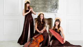 Two women brown dresses instruments - a fireplace free wallpaper