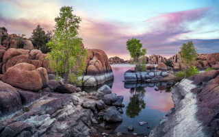 Lake rocks trees cloudy sky 5 - a pink sky above free wallpaper