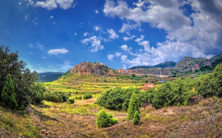 Mountain range forest lake sky 8 - a scenic view of a mountain range free wallpaper