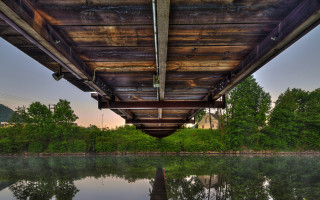 Wooden bridge river trees sky 3 - symmetric free wallpaper