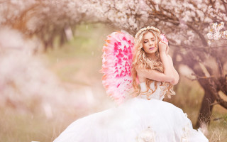 Woman white dress pink feathered - fan free wallpaper