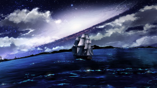 Fantasy ship ocean clouds stars - a distant star in the sky free wallpaper