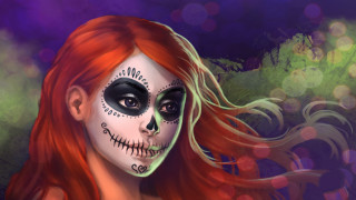 Skeleton facepaint woman smiling redhair - her face and hair free wallpaper