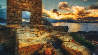 Window stone wall water sunset - constantine andreou free wallpaper