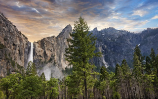 Waterfall mountains forest sunset cityscape - tree and mountains free wallpaper for desktop