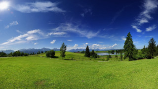 Green field trees lake sky - ultra wide angle free wallpaper