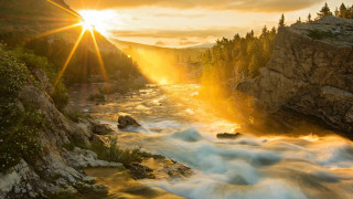 River rapids sunset trees horizon - sun free wallpaper for desktop