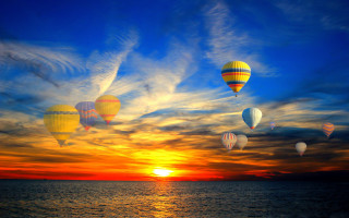Sunset hotairballoons water clouds magicrealism - free sky wallpaper