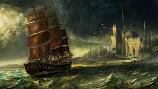 Ship castle ocean birds fantasy - a painting of a ship in the ocean free wallpaper