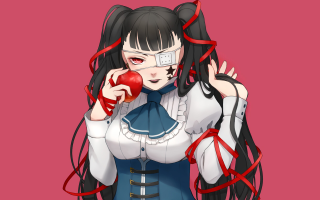 Woman holding apple bangs white - blue skirt free wallpaper