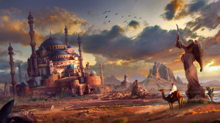 Castle statue camel sunset matte - a painting of a castle free wallpaper