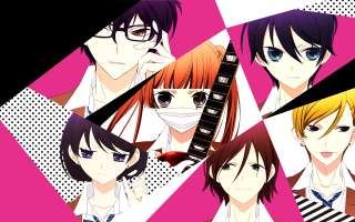 Anime characters guitar pink background - a guitar in front free wallpaper