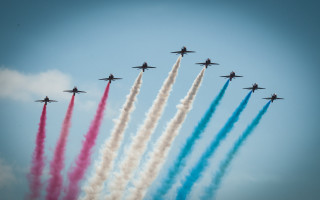 Jets colored smoke formation blue - formation in the sky free wallpaper