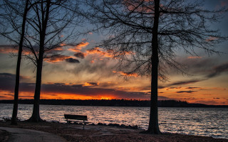 Lake bench trees sunset autumn - a bench sitting next free wallpaper