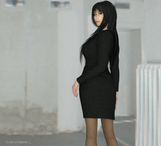 Woman black dress white wall 2 - free 3d render wallpaper for tablet