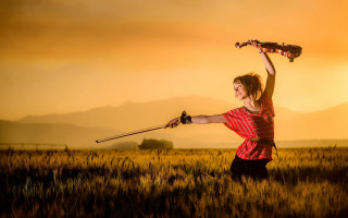 Woman violin field sunset mountains - a sunset in the background and mountains free wallpaper