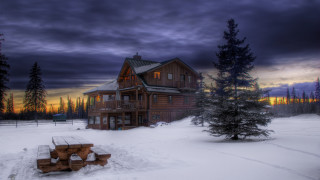 Snowy cabin sunset outdoor winter - a sunset in the background free wallpaper for desktop