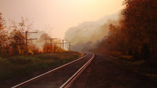 Train fog forest autumn gouache - the side of the track free wallpaper