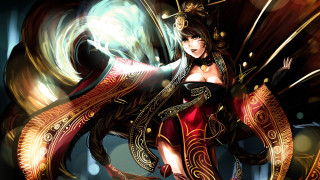 Ahri fantasy fox tails sword - light behind her free wallpaper