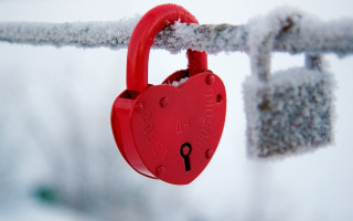 Red padlock snowy branch heart - free winter wallpaper
