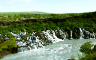 River waterfall hillside blue sky - tilt shift free wallpaper