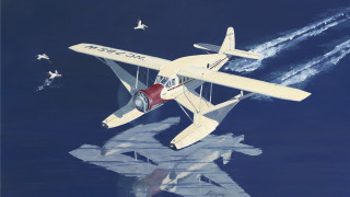 Small plane flying over water 2 - matte drawing free wallpaper for desktop