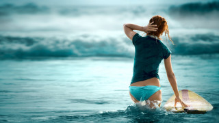 Woman blue shirt shorts surfboard - blue shorts free wallpaper