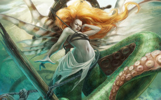 Woman sword octopus ship fantasy - a painting of a woman free wallpaper