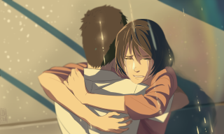 Couple hugging rainbow background person - kyoani free wallpaper