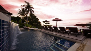 Pool waterfall chairs ocean sunset - ding yunpeng free wallpaper