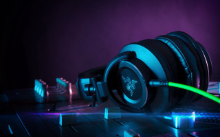 Headphones table neon green cyberpunk - a pair of headphones free wallpaper