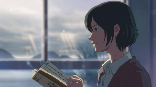 Woman holding book looking out - the sky in the background free wallpaper