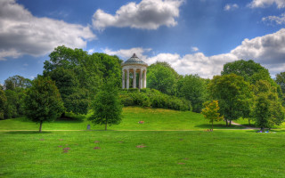 Grassy field white building trees - hdr free wallpaper for desktop