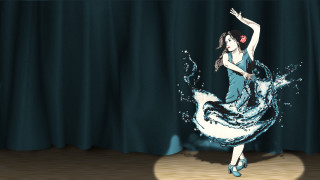 Woman blue dress dancing water - a red flower free wallpaper