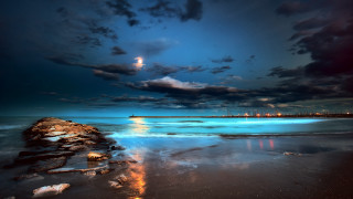 Moon ocean lighthouse night clouds - over the ocean free wallpaper