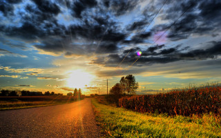 Sunset road field trees clouds - a sun free wallpaper for desktop