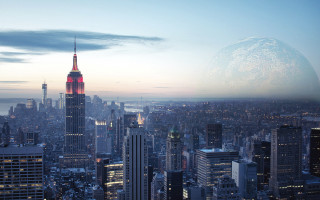 City skyline moon aurora architecture - distant free wallpaper for desktop