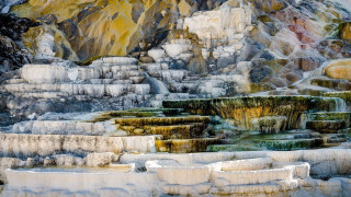 Large rocks waterfall mountain yellow - high saturation free wallpaper