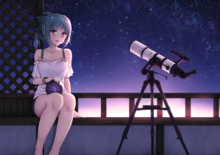 Girl sitting telescope night sky - night sky free wallpaper for desktop