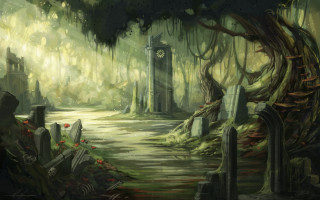 Forest clock tower cemetery bench - a cemetery free wallpaper