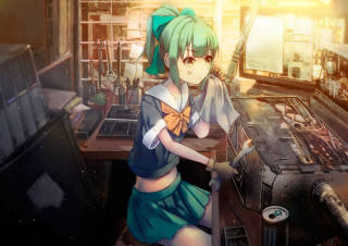 Girl blue dress sitting desk - a desk free wallpaper