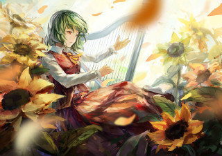 Green hair woman harp sunflowers - sunflower free wallpaper