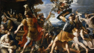 Renaissance man surrounded people animals - overhead in the sky free wallpaper