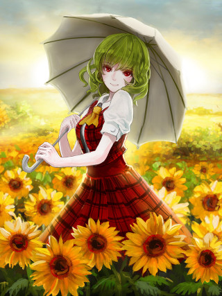 Woman green hair umbrella field - free flowers wallpaper for mobile